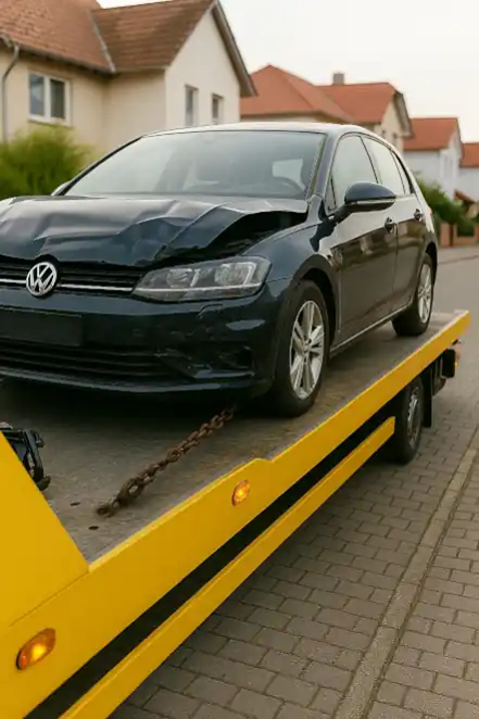 Ein defektes Auto wird abgeschleppt, um es für den Autoankauf in Gera vorzubereiten.